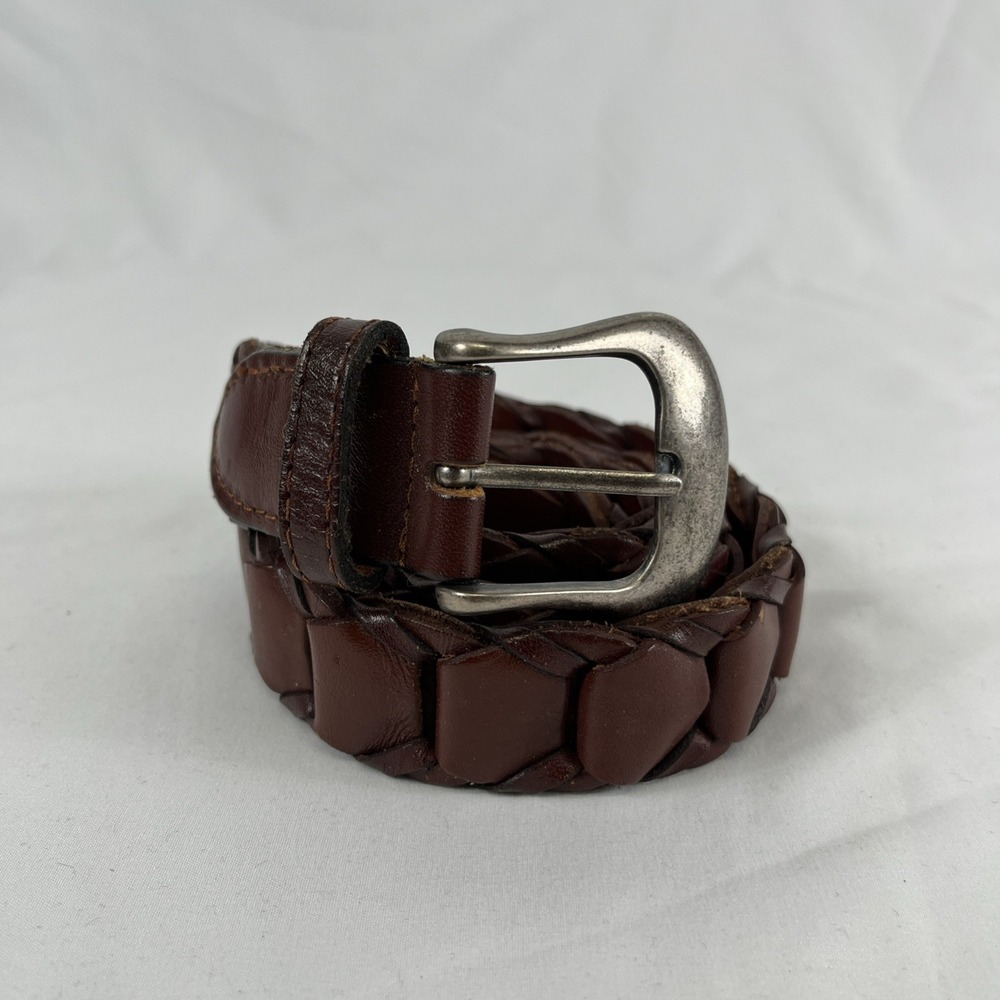 VTG Leather Link Belt Men M Genuine Leather Bourbon Brown Metal Buckle Stitch‎